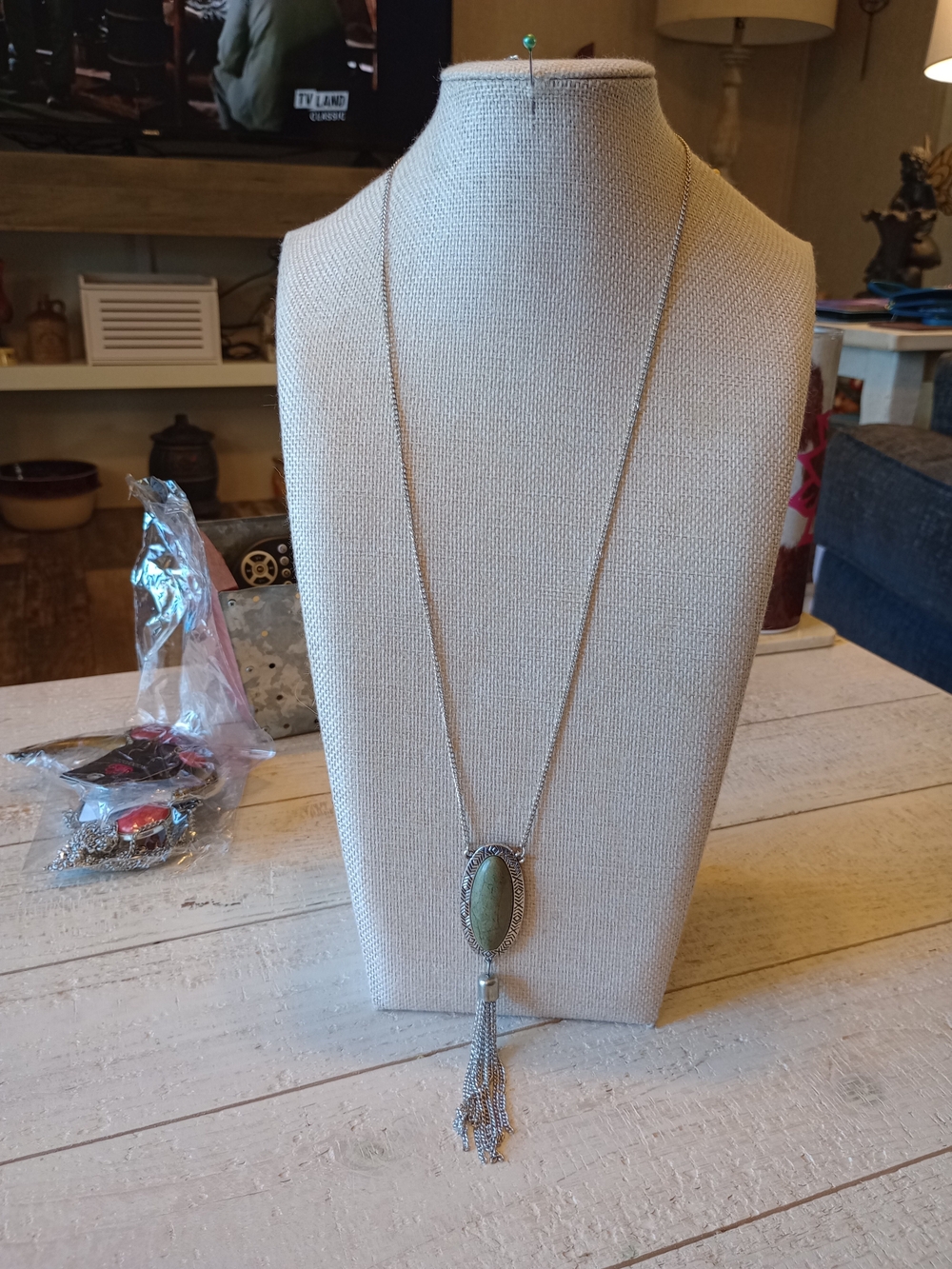 paparazzi Silver-Tone Long Necklace with Green Oval Stone and Tassel